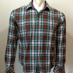Haight Ashbury Men's Slim Fit Brown Green Plaid Long Sleeve Button Up Shirt Sz L